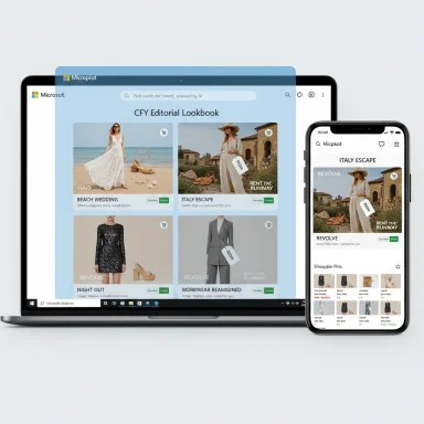 A laptop and smartphone display the CFY Editorial Lookbook with fashion tiles. A laptop and smartphone display the CFY Editorial Lookbook with fashion tiles.