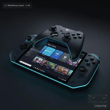 A futuristic handheld gaming console with glowing cyan edges and detachable side controllers, showing Xbox mode.