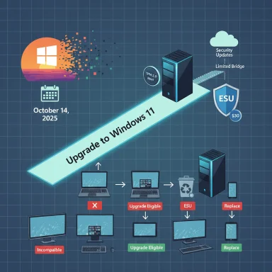 Infographic guiding Windows 10 devices to upgrade to Windows 11 with ESU and eligibility steps.