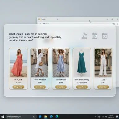 A browser window shows a fashion shopping carousel with five summer dresses and Shop Now buttons.