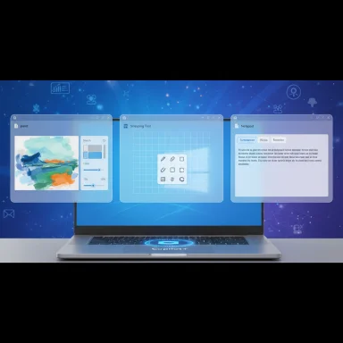 Laptop with three holographic windows—art, tools, and notes—set against a blue digital background.
