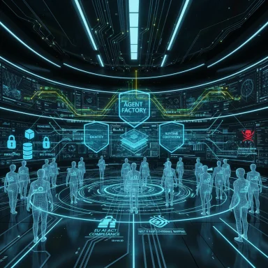 A futuristic control room with holographic agents around a circular, neon-lit data hub.