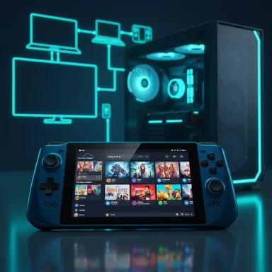 A blue handheld gaming console rests on a neon-lit desk with a glowing PC setup in the background.