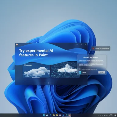 Windows 11 desktop showing an AI features prompt and program agreement popup on a blue abstract wallpaper.
