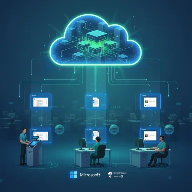 A cloud computing network linking servers to users at desks, branded by Microsoft.