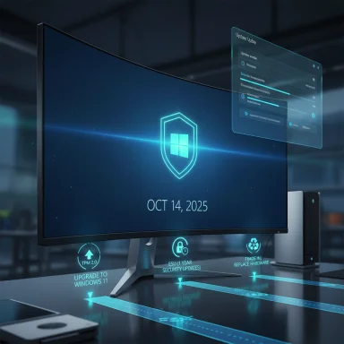 Futuristic computer setup with a glowing Windows shield and holographic security panels.