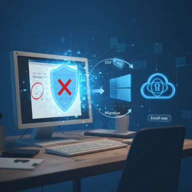 A computer monitor overlaid with a blue cybersecurity hologram showing a shield with a red X and cloud migration icons.