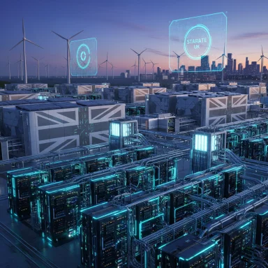 Futuristic data center with neon-lit servers and holographic interfaces, wind turbines in the city skyline.