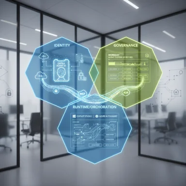 Futuristic holographic dashboards labeled Identity, Governance, and Runtime/Orchestration float in a modern office.