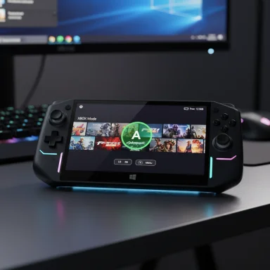 A handheld gaming console displays Xbox Mode with game thumbnails and a glowing A button. A handheld gaming console displays Xbox Mode with game thumbnails and a glowing A button.