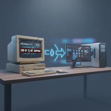 Old computer running Windows 3.11 shows 'End of 32-bit Support' as it transitions to a modern PC.