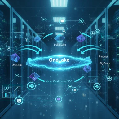 Futuristic data lakehouse visualization centered on OneLake, linking Delta Lake, OraLake, Parquet, and BigQuery.