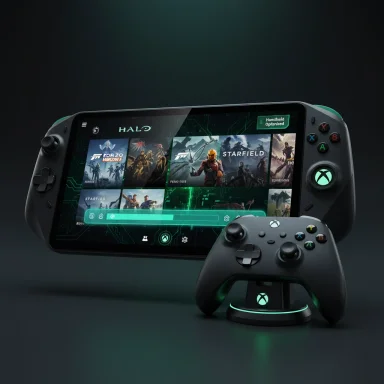 A futuristic Xbox handheld with neon accents and two controllers, displaying Halo and Starfield games.