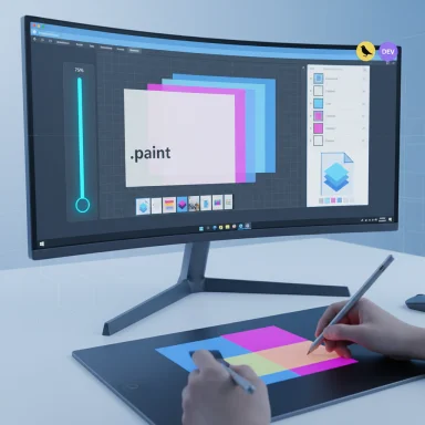 A designer uses a pen tablet to edit color blocks while a curved monitor shows a paint app.