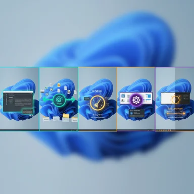 Five panels showing different app screens laid over a blue abstract Windows wallpaper.