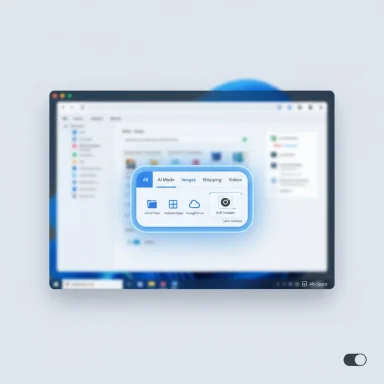 Blurred computer window with a floating blue rounded panel showing AI tools and modes.