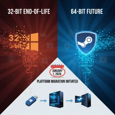 Split graphic: 32-bit end-of-life on red, 64-bit future on blue, announcing platform migration on Jan 1, 2026.
