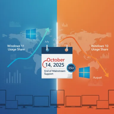 Split blue/orange infographic showing Windows 11 usage rising against Windows 10, marking Oct 14, 2025 as end of mainstream support.