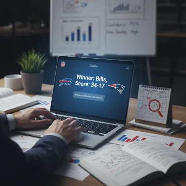 Laptop screen shows Winner: Bills, Score: 34-17 amid a data-analysis office setup.