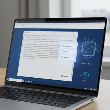 Laptop screen shows an AI Copilot interface with options to Summarize, Write, or Rewrite.