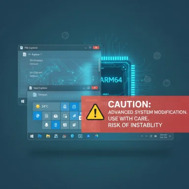 A Windows-style workstation with translucent windows and a bold caution banner about advanced system modification.