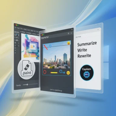 Three floating Windows app panels—Paint, Snipping Tool, and Copilot+—overlay a Windows desktop.