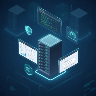 A futuristic data center with glowing servers and floating holographic monitoring panels.