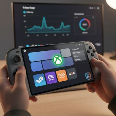 Person holds a handheld game console with Xbox and store icons; monitor in background shows charts.