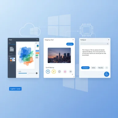 Three floating Windows app previews—Paint, Snipping Tool, and Notepad—on a blue gradient background.