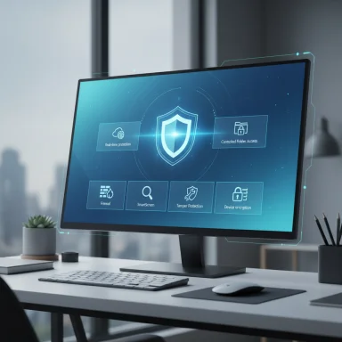 A computer monitor displays a futuristic cybersecurity dashboard centered on a shield icon.