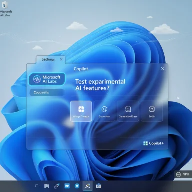 Windows desktop showing a Copilot AI settings panel for testing experimental AI features.