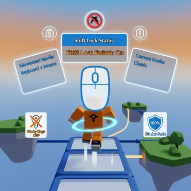 Futuristic game UI panels float around a robot on a platform, showing Shift Lock Status and modes.