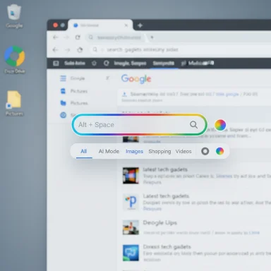 A colorful Alt+Space search bar overlays a blurred browser window on the desktop.