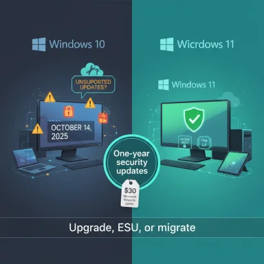 Promo banner showing Windows 10 and Windows 11 with one-year security updates and upgrade options.