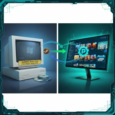 A vintage desktop computer transfers data to a modern PC interface.