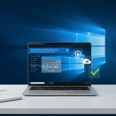 Laptop on a white desk displaying a Windows security update screen with a shield and cloud icons.