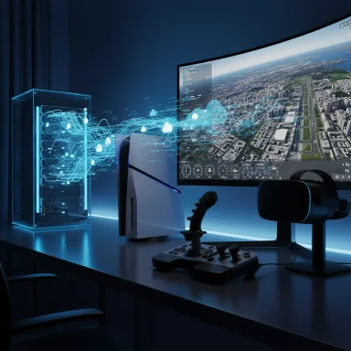 Blue-lit desk setup with a transparent PC, curved monitor displaying a city, VR headset, and flight joystick.