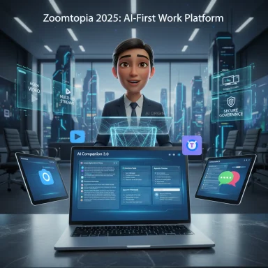 Futuristic AI work platform with a virtual assistant and holographic screens.