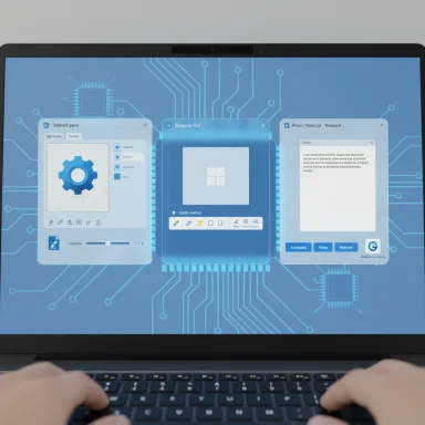 Laptop screen shows three floating UI panels over a blue circuit-board background.