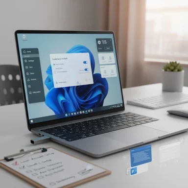 Sleek laptop on a white desk displays a futuristic UI with a Create Local Account dialog.