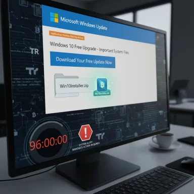 Monitor shows a fake Windows Update page promising a “Windows 10 Free Upgrade” with a malware alert.