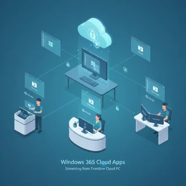 Illustration of Windows 365 Cloud Apps with cloud-connected PCs and remote workers.