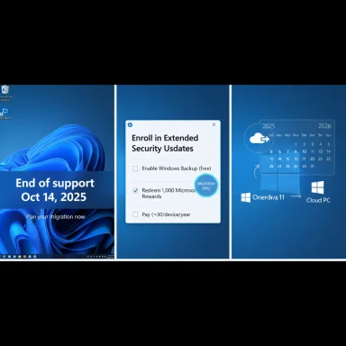 Three Windows 11 screens show end-of-support notice, ESEU enrollment, and a Cloud PC calendar.