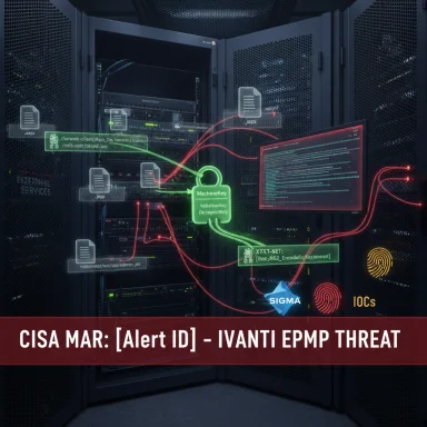 Data center servers with neon security overlays and a red banner announcing a CISA MAR IVANTI EPMM threat.