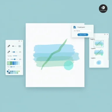 Abstract digital painting UI with brushes, layers, and color swatches on a teal background.