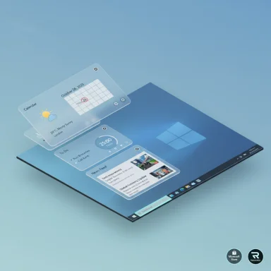Floating holographic Windows desktop with calendar, weather, and to-do widgets over a blue surface. Floating holographic Windows desktop with calendar, weather, and to-do widgets over a blue surface.