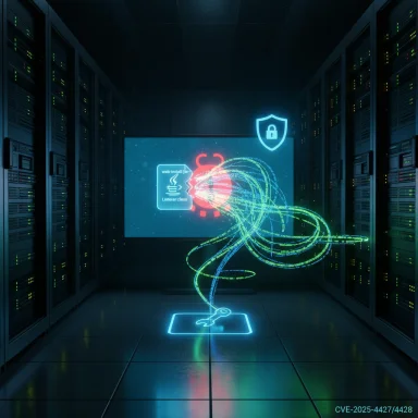 Neon holographic data streams swirl through a secure data-center server room.