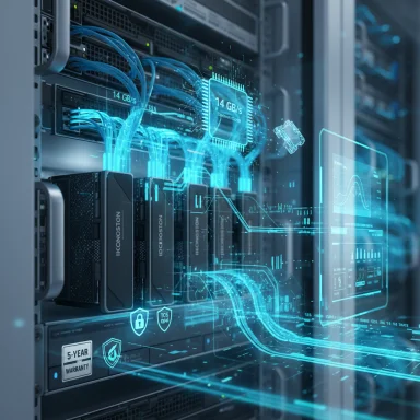Server rack with neon-blue holographic UI showing 14 GB/s data transfer.