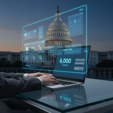 Person using a laptop with futuristic holographic screens overlay, Capitol building in the background.