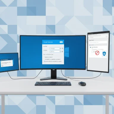 Three-monitor workstation on a blue geometric wall; center screen shows an online form.